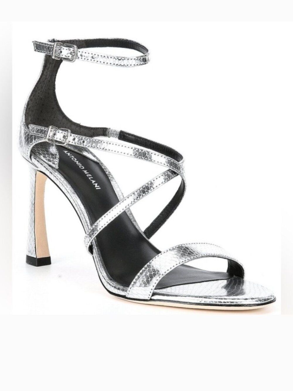 NEW Antonio Melani Silver Snake Embossed Ankle Strap Heels Size 6.5